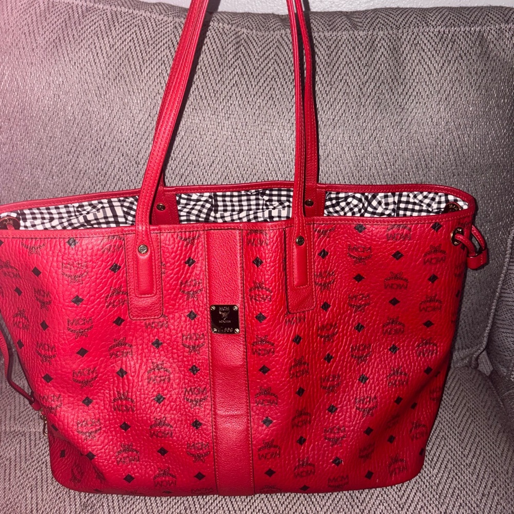 MCM Red Tote Bag with Black Accents